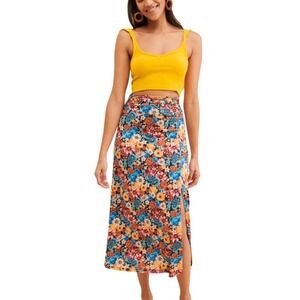 Floral Print Skirt High Waist Slit Hem Midi Colorful Flowers‎  Womens